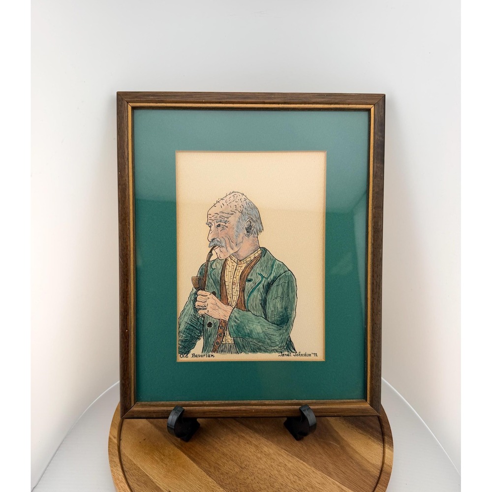 Vintage 1972 "Old Bavarian" Framed Watercolor & Ink Portrait, Signed Artist